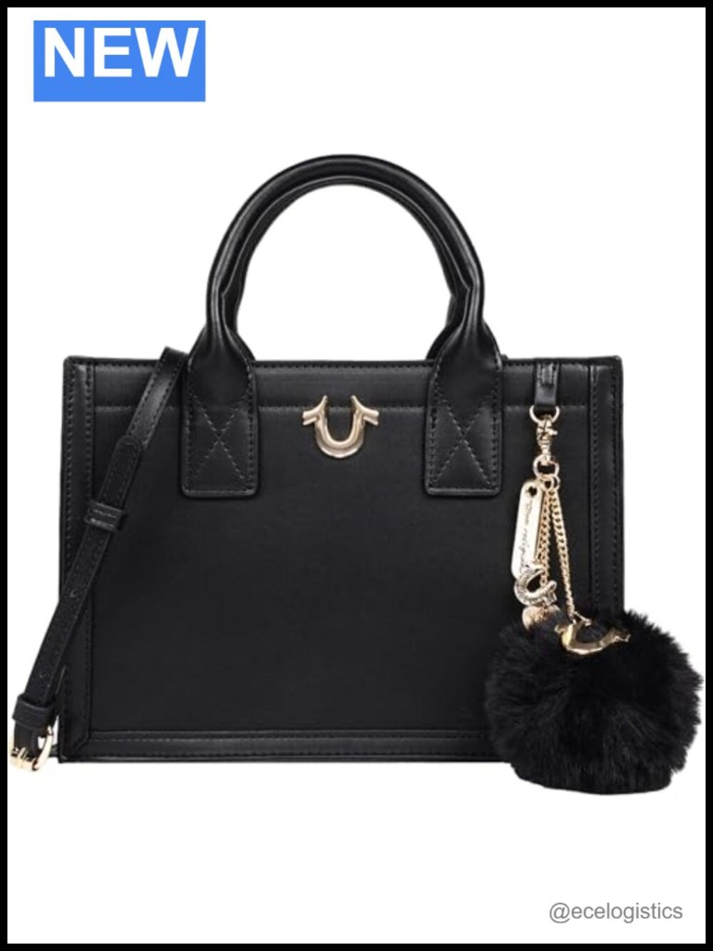 Authentic True Religion Tote Shoulder Bag Structured Satchel with Removable Pom